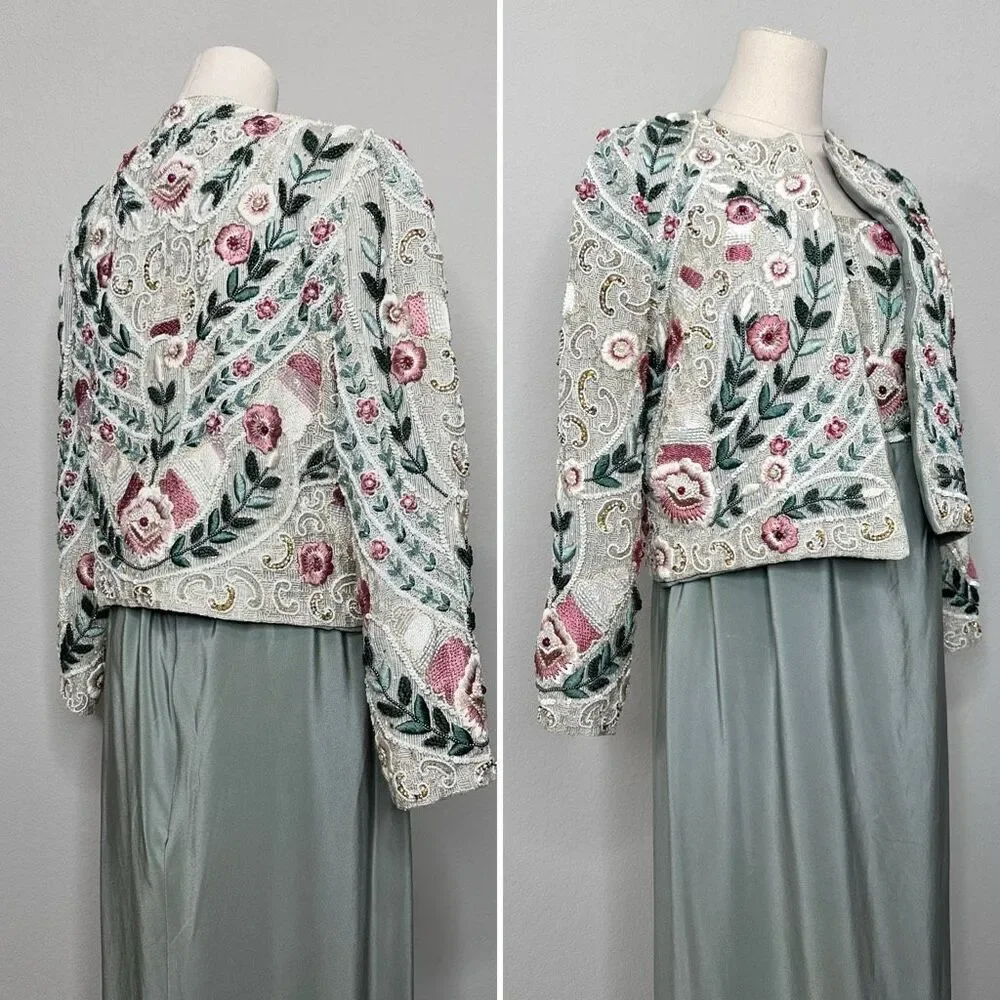 Vintage Richilene Beaded Jacket Silk Slip Dress Set Embroidered Formal XS/ S